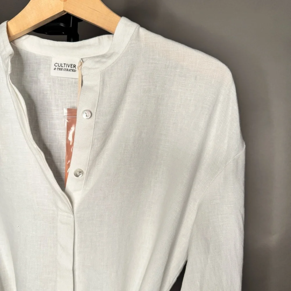CULTIVER 100% Linen Cristi Long Sleeve Tunic Button Down Shirt w/ Belt White XS - Picture 6 of 15